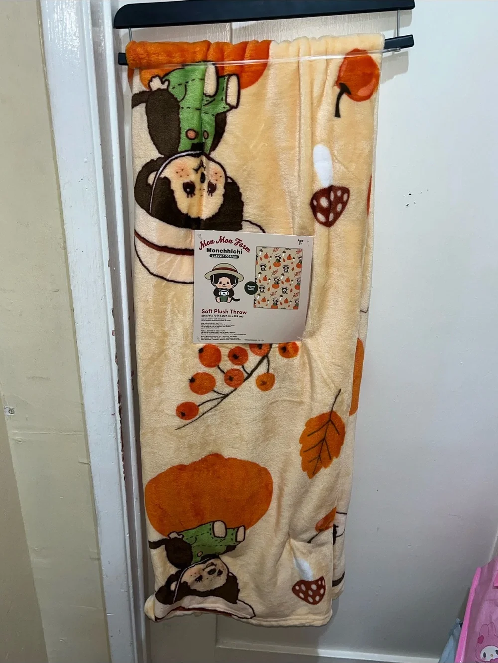 Monchhichi Kids Plush Fall Throw Blanket – Cream & Orange NEW NWT
